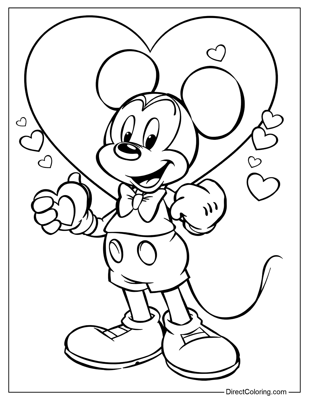 Free Coloring Page Mickey Mouse with Hearts